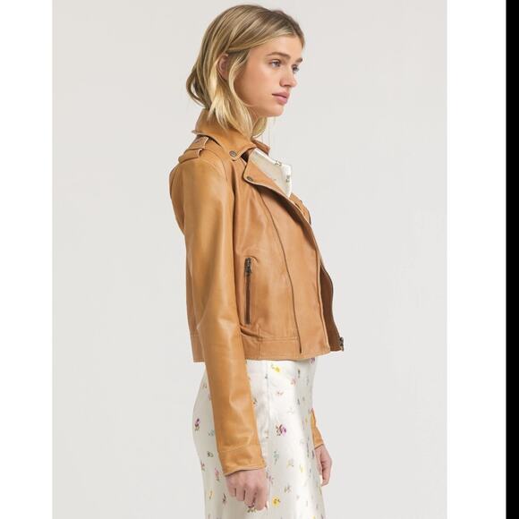 JKT NYC Piper Patina Leather Jacket Au Lait Tan Cropped Unlined Zippers Size XS - Picture 4 of 16